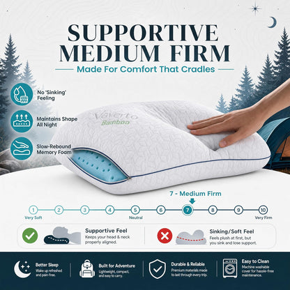 Cooling Gel Memory Foam Pillows - 1-Pack - Standard Size Memory Foam Pillow For Sleeping - Firm Pillow - Back, Stomach & Side Sleeper - Shoulder & Back Pain Relief - Washable, Bamboo Viscose Cover