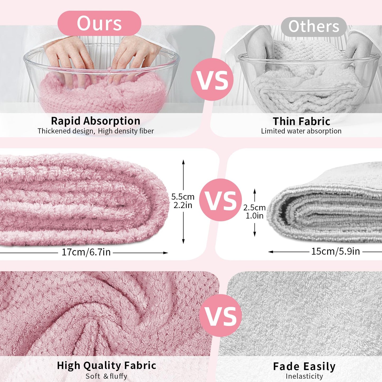my novel things 3 Pack Hair Towel Wrap for Women, 25.4" x 9.8" Microfiber Towels, Super Absorbent Quick Dry with Button for Curly Hair Anti Frizz (Pink,White,Purple) Gift for Women Girls
