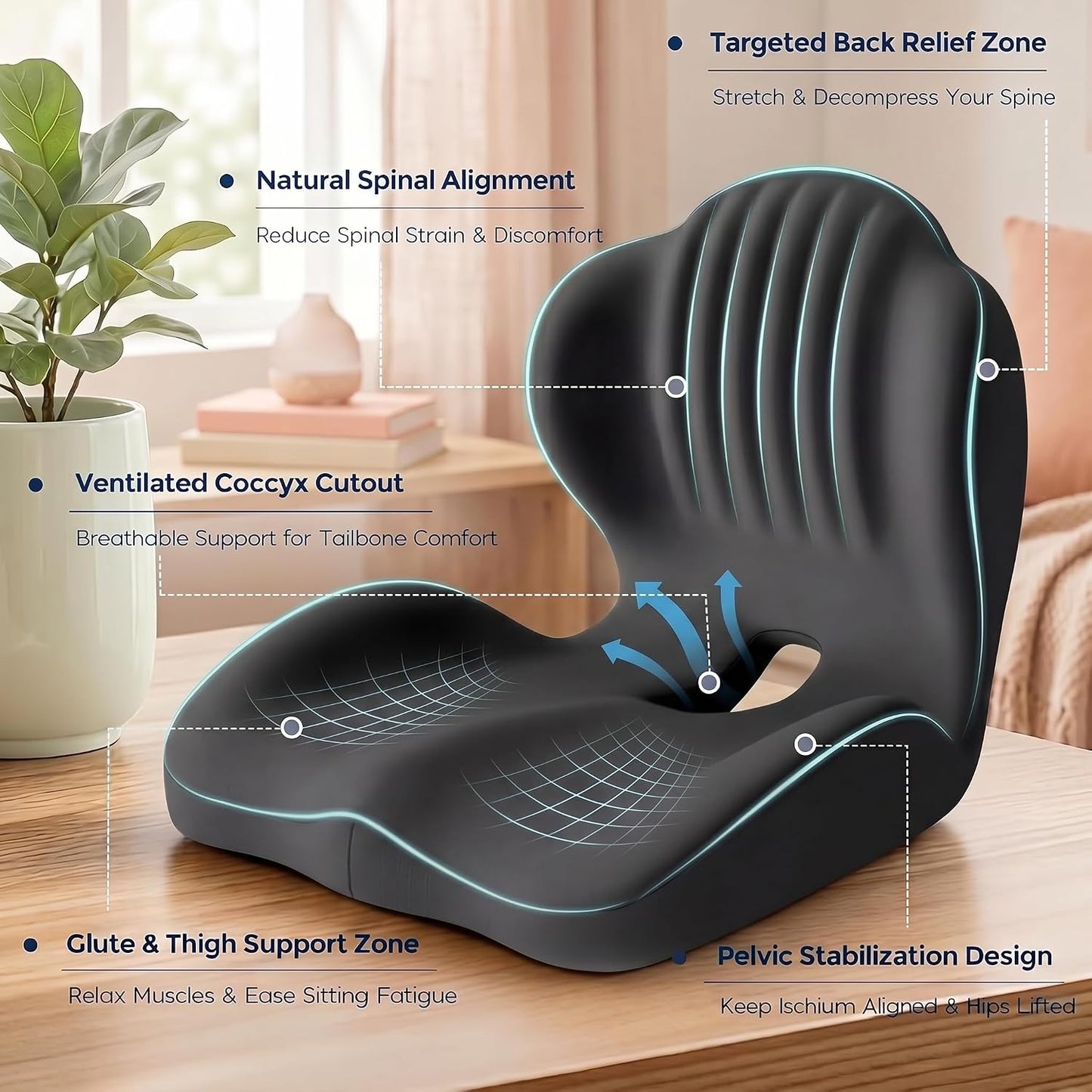 Ergonomic Waist Support and Seat Cushion, 2-in-1 Memory Foam Pad, Hollow Design for Coccyx, Suitable for Office Chairs, Car Safety Seats and Household Use - Relieves Lower Back and Hip Pain (Grey)