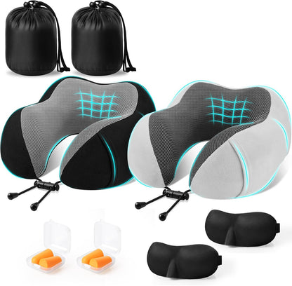 CloudBliss Travel Pillow for Airplane, Memory Foam Neck Pillow for Travel, Compact Flight Pillow with Eye Mask, Earplugs, Carry Bag, Travel Neck Pillow for Long Flight Sleep, Plane Accessories, Black