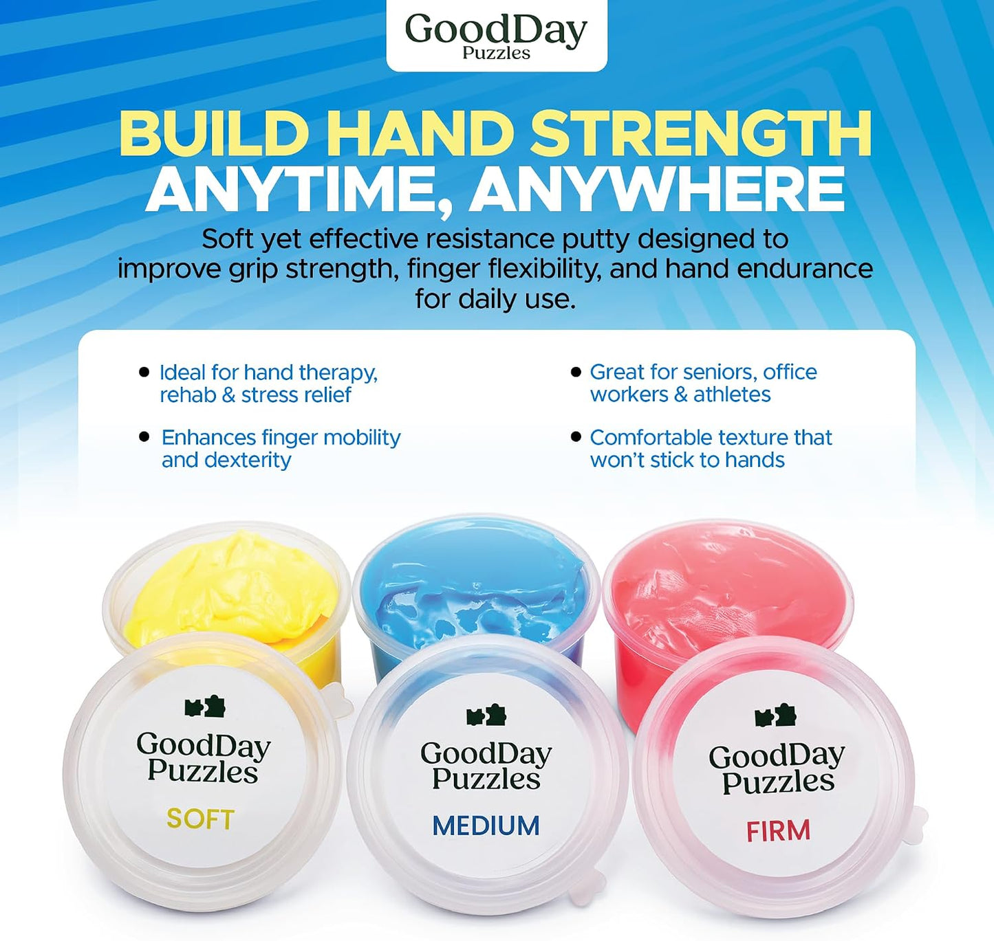 Hand Therapy Putty 3 Piece Set - Hand Strengthening & Stress Relief Putty for Grip, Finger & Wrist Exercises, Sensory Therapy Putty for Adults