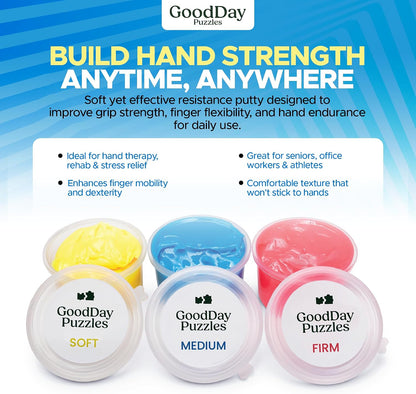 Hand Therapy Putty 3 Piece Set - Hand Strengthening & Stress Relief Putty for Grip, Finger & Wrist Exercises, Sensory Therapy Putty for Adults
