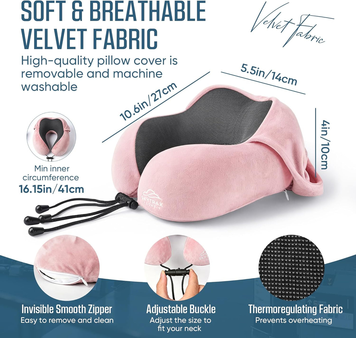 SkytraxComf® Travel Neck Pillow with Hood for Privacy on Long Flights | Memory Foam | Airplane Sleep | Safety-Tested Materials | Extra Large Hood | Chin Support | Earplugs | Washable Cover