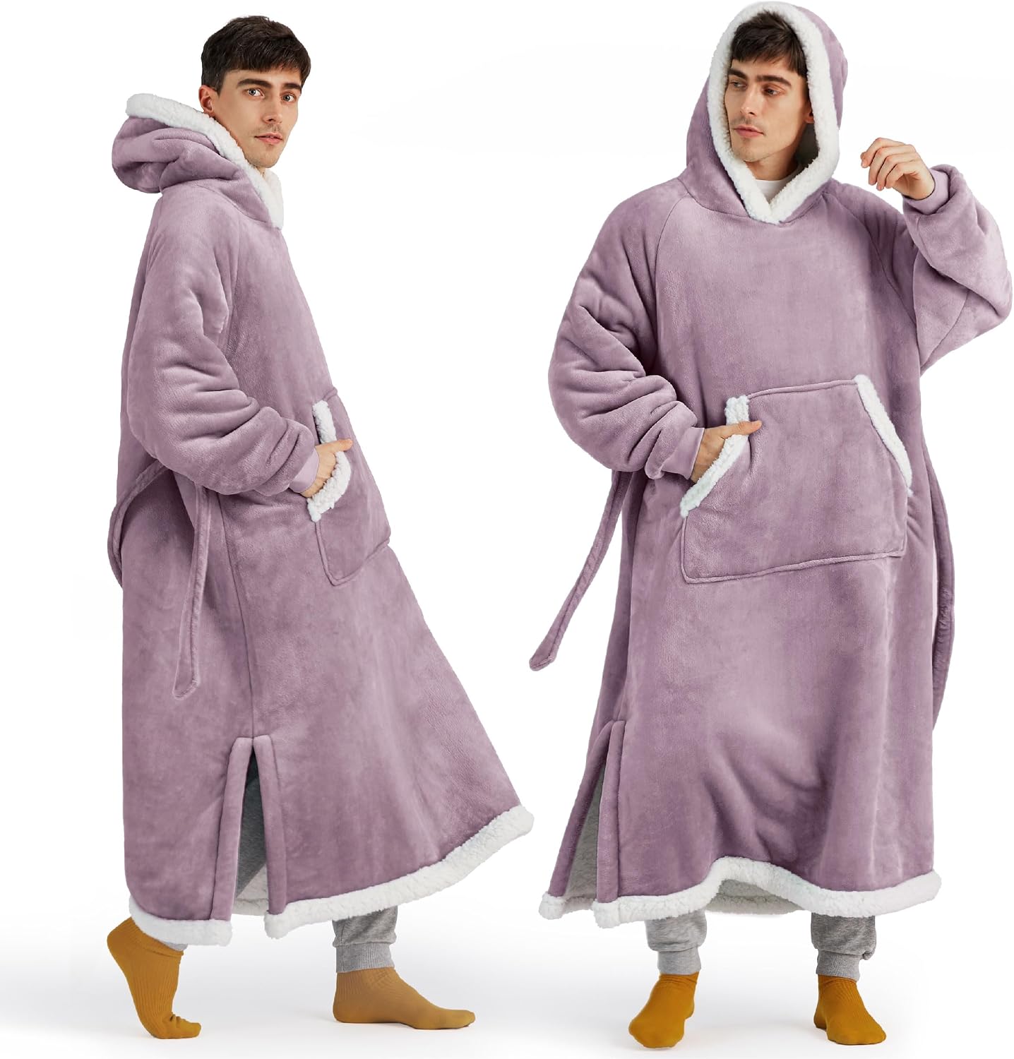 Bedsure Wearable Blanket Hoodie, Long Hooded Blanket Sweatshirt as Mothers Birthday Gifts for Women, Cozy Sherpa Hoodie for Adult, Standard, Grey