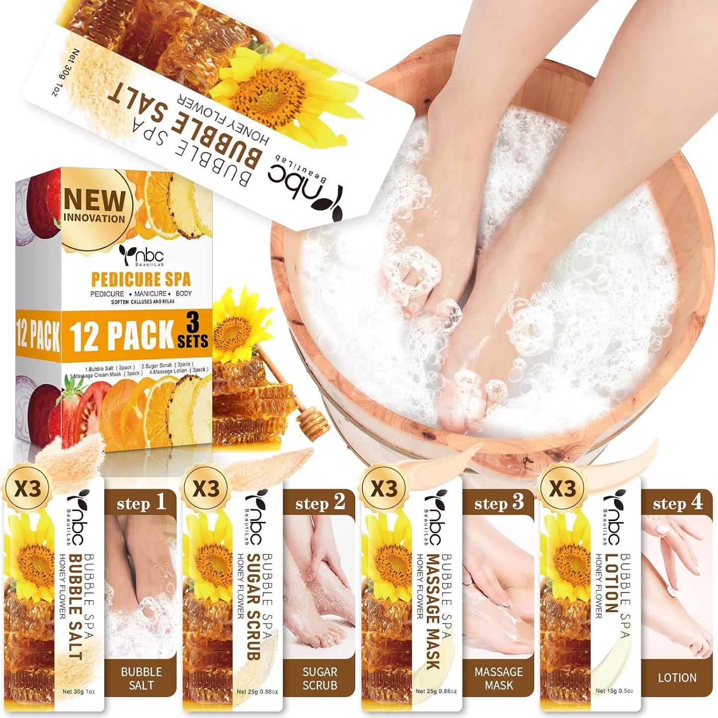 Pedicure Kit Foot Soak Set: Bubble Salt, Sugar Scrub, Massage Mask, Massage Lotion in a Box, 4 Step Foot Spa Kit for Dry Feet, Softens Calluses, Tired Feet（3 Set Lavender) - Colors A