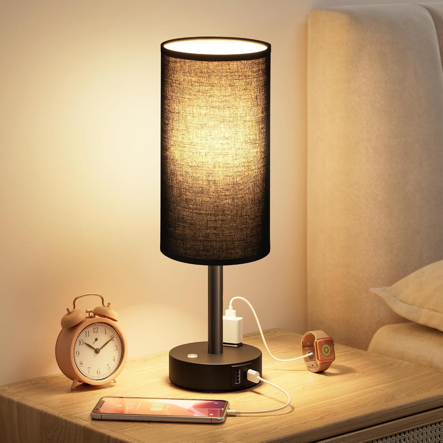 Touch Bedside Table Lamp with Memory - Stepless Dimmable Lamp for Bedroom, Small Nightstand Lamp with Dual USB Charging Ports and AC Outlet, Wood Night Light, Desk Lamp for Nursery, Living Room, Dorm