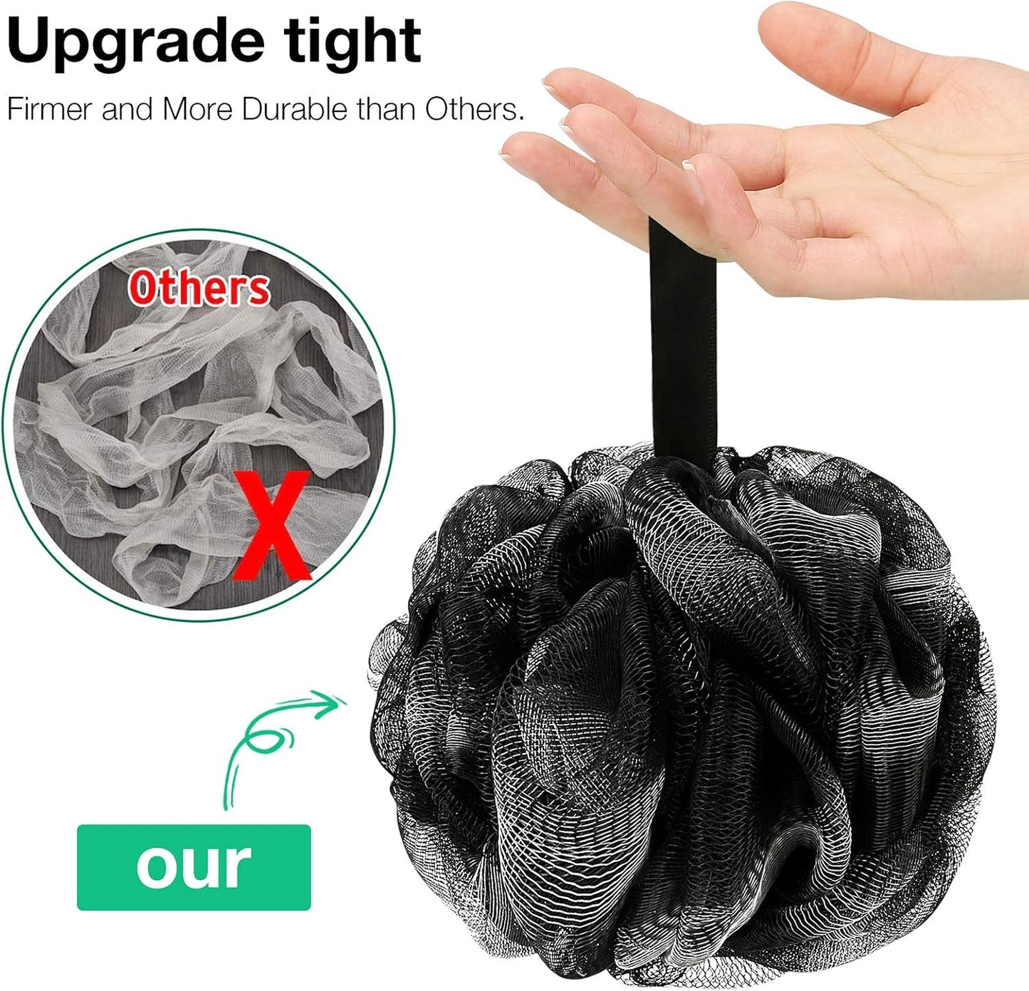 DadyMart Shower Loofah Sponge Pouf – XL Exfoliating Bath Puff Body Scrubber, Soft Mesh Shower Sponge with Reinforced Knot, Rich Lather, Set of 4 for Women and Men
