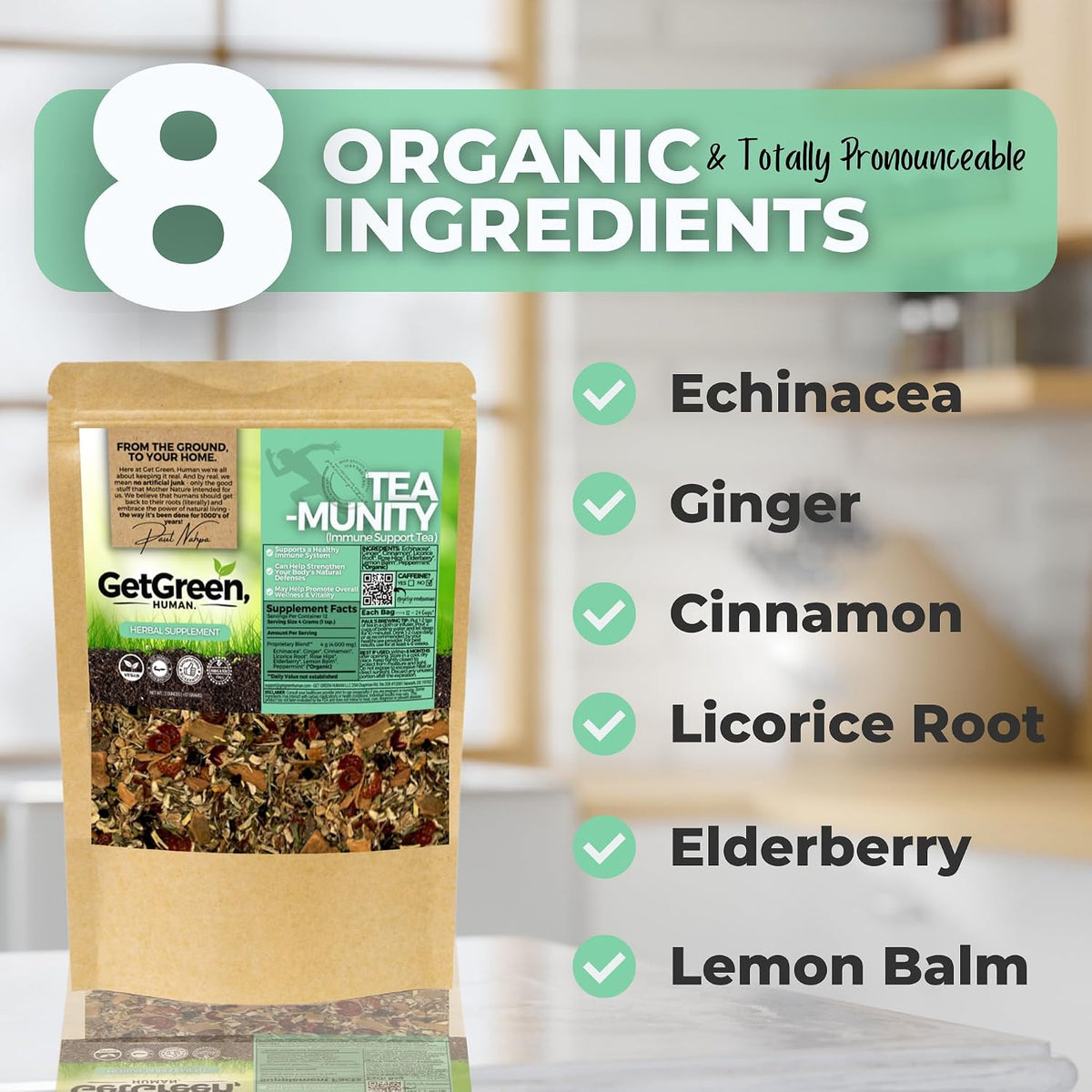 Healthy Immunity and Defense Loose Leaf Tea w/ Echinacea, Elderberry, Lemon Balm | Organic Herbal Tea | 2 oz (57 gram) | Decaf, Vegan, Healthy, ZERO Caffeine, Organic, Herbs, No Natural or Artificial Flavors, Resealable Bag | Tea-Munity by Get Green,