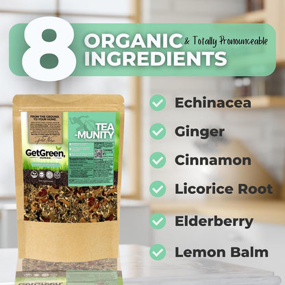 Healthy Immunity and Defense Loose Leaf Tea w/ Echinacea, Elderberry, Lemon Balm | Organic Herbal Tea | 2 oz (57 gram) | Decaf, Vegan, Healthy, ZERO Caffeine, Organic, Herbs, No Natural or Artificial Flavors, Resealable Bag | Tea-Munity by Get Green,