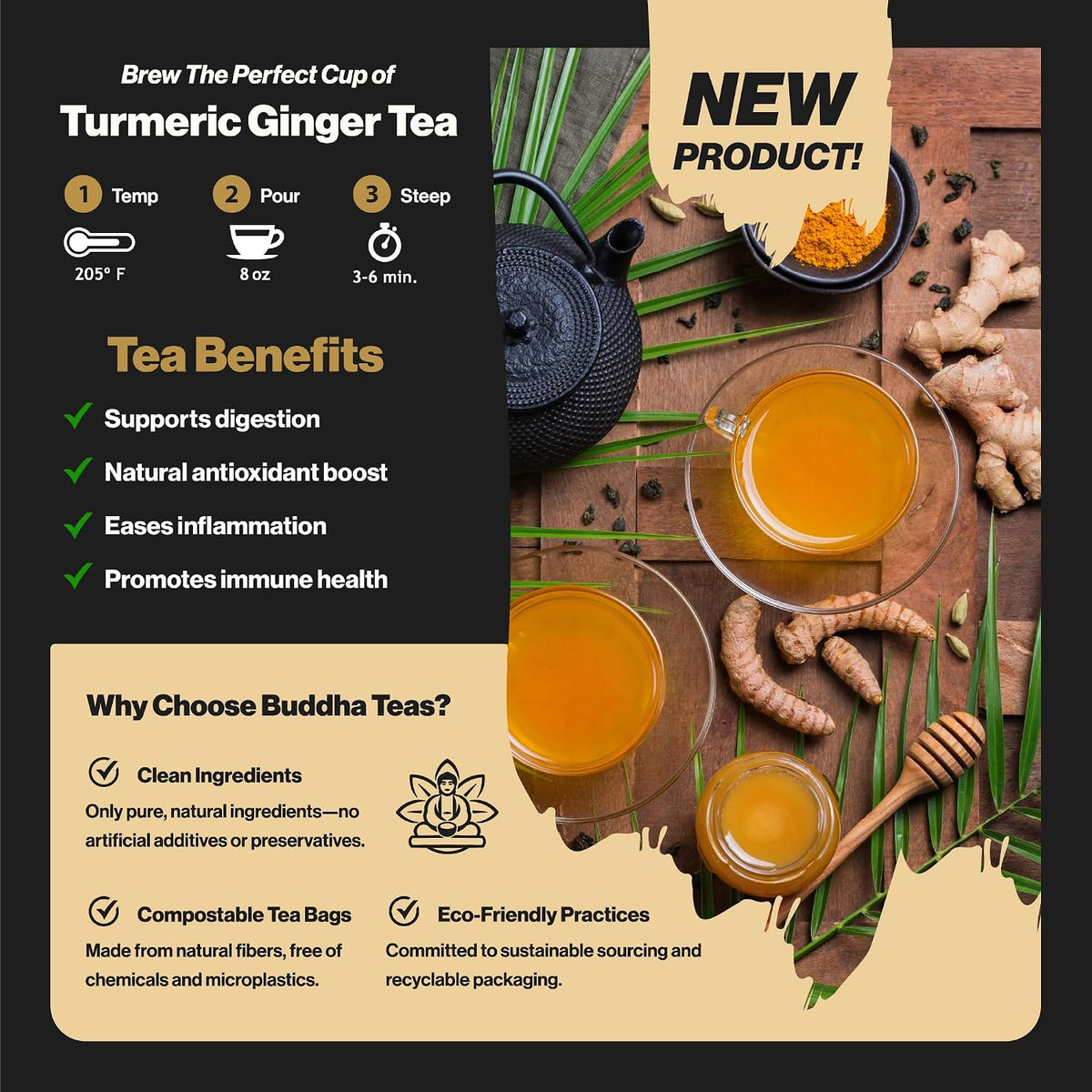 Buddha Teas Organic Turmeric Ginger Tea - Herbal Tea, Caffeine Free
