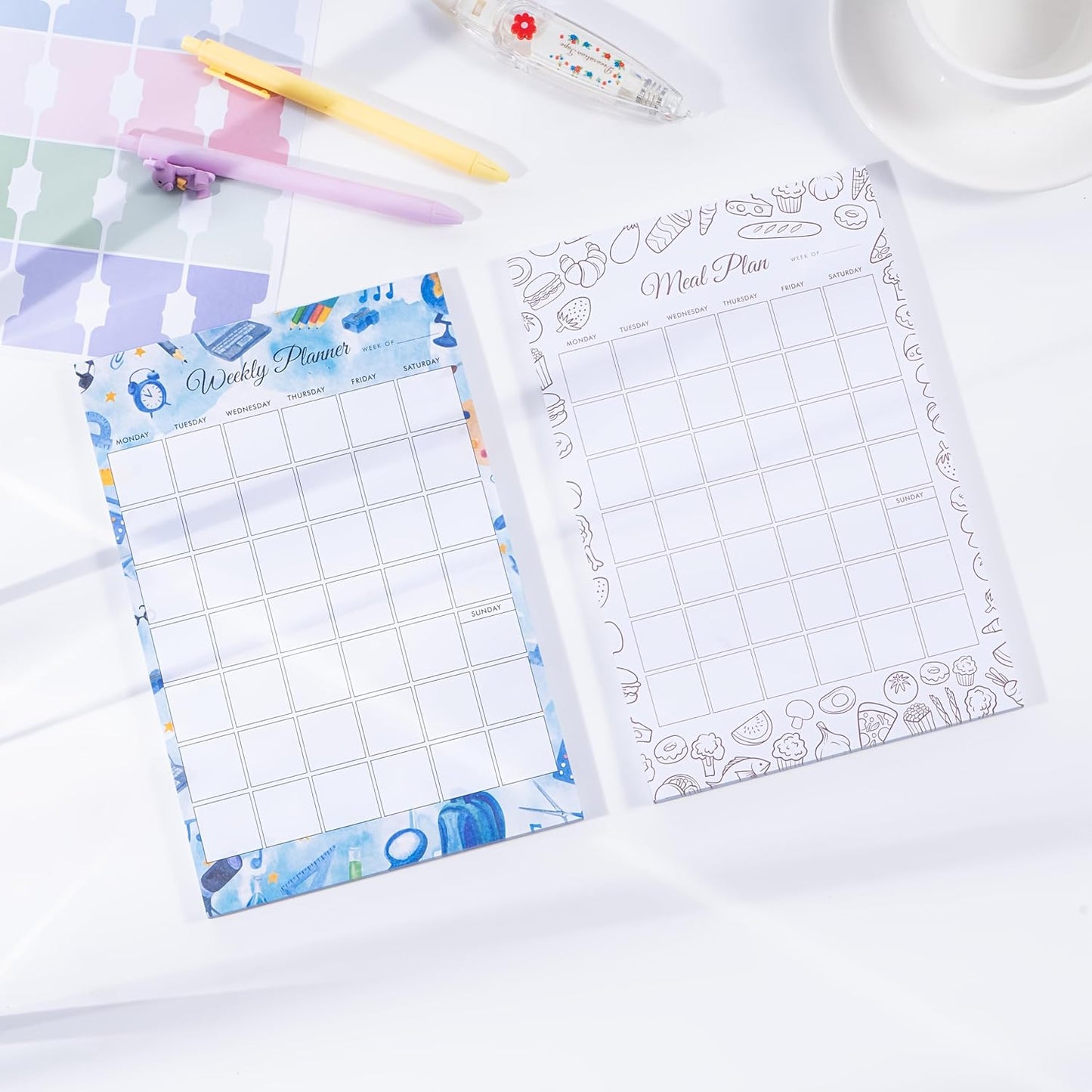 Weekly Planner Notepad Tear Off Set of 2 Weekly Calendar Pad 52 Undated To Do List Notepad Sheets Desk Planner Planning Pads Productivity Tracker for Work Goals Notes Schedule Ideas, Floral Blue