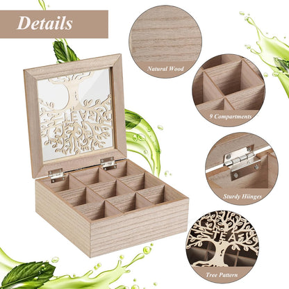 Wood Tea Box Organizer,Tea Organizers and Storage with Tree Pattern,Tea Bag Holder,Decorative Tea Storage Organizer Box,9 Compartments Tea Organizer for Tea Bags Coffee