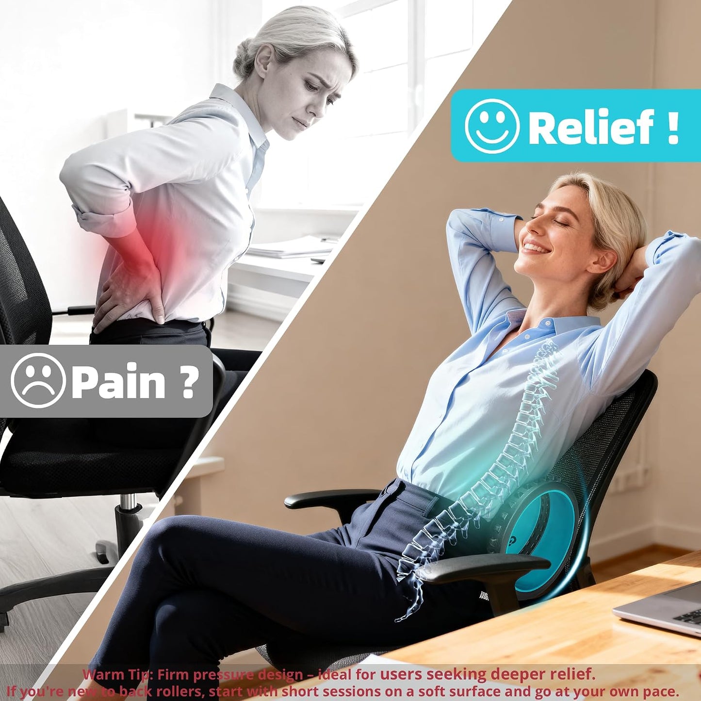 GymCope Back Roller for Back Pain Reliefn & Stretching, Deep Tissue Massage Roller Supports Up to 530 lbs / 240 kg, 5.5''-7.5'' Curved Foam Roller for Home Physical Stretching (Blue, Medium)