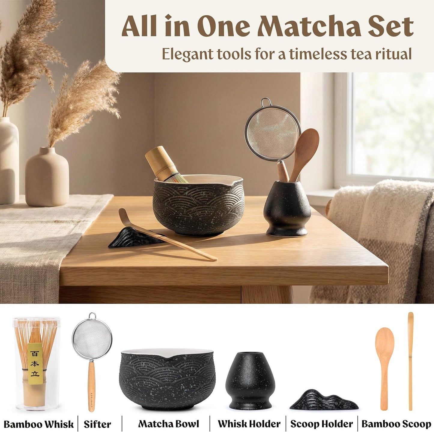 EDELHAUS Matcha Kit Whisk Set (7 Pcs) - Complete Matcha Set, Matcha Bowl with Spout, Whisk with Holder, Bamboo Scoop with Rest and Sifter, Perfect Kit for Matcha Lovers (Green Mist)