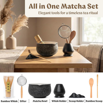 EDELHAUS Matcha Kit Whisk Set (7 Pcs) - Complete Matcha Set, Matcha Bowl with Spout, Whisk with Holder, Bamboo Scoop with Rest and Sifter, Perfect Kit for Matcha Lovers (Green Mist)