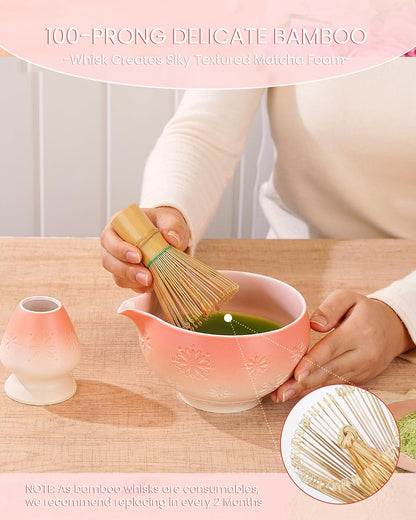 ZENS Matcha Whisk Set, Matcha Kit Set, Matcha Bowl with Spout, Bamboo Whisk & Scoop, Chasen Holder, 304 Sifter & Tea Mat, 6pcs Japaness Matcha Kit for Matcha Lovers, Birthday Gift, Pale Green