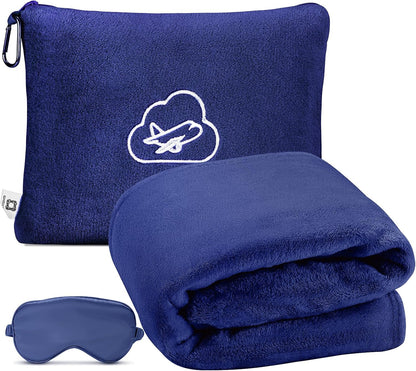 Travel Blanket Pillow,Airplane Blanket Compact with Bag Eye Mask, Ultra-Soft,Warm & Lightweight Included,Travel Essentials for Women & Men, Luggage Sleeve & Backpack Clip 65x40 in, Grey