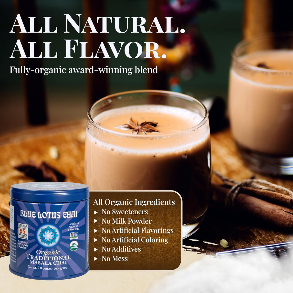 Blue Lotus Chai - Traditional Masala Chai - Makes 100 Cups - 3 Ounce Masala Spiced Chai Powder with Organic Spices - Instant Indian Tea No Steeping - No Gluten