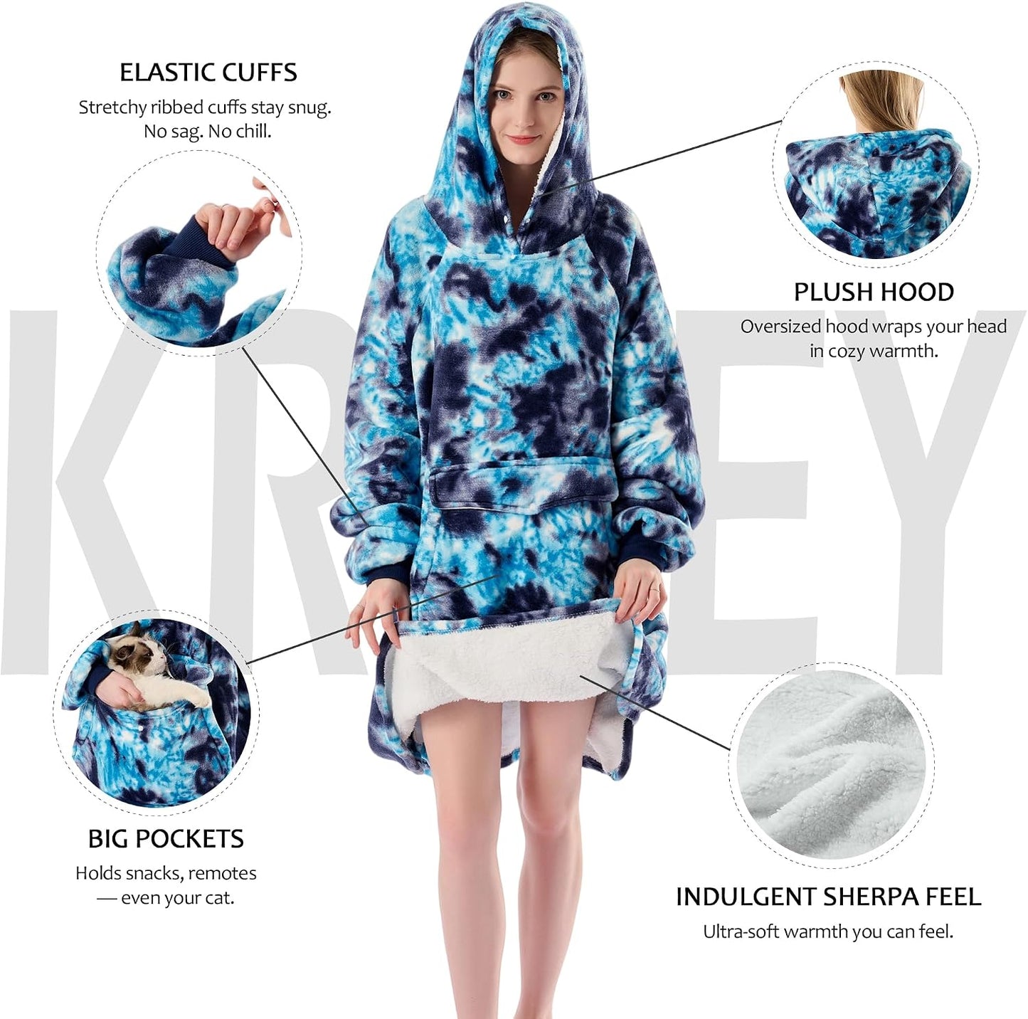 Krifey Wearable Blanket Hoodie, Oversized Sherpa Hooded Blanket for Adults | Soft sherpa fleece with sleeves and pocket; oversized fit for lounging, WFH, camping, Christmas and white elephant gifts.