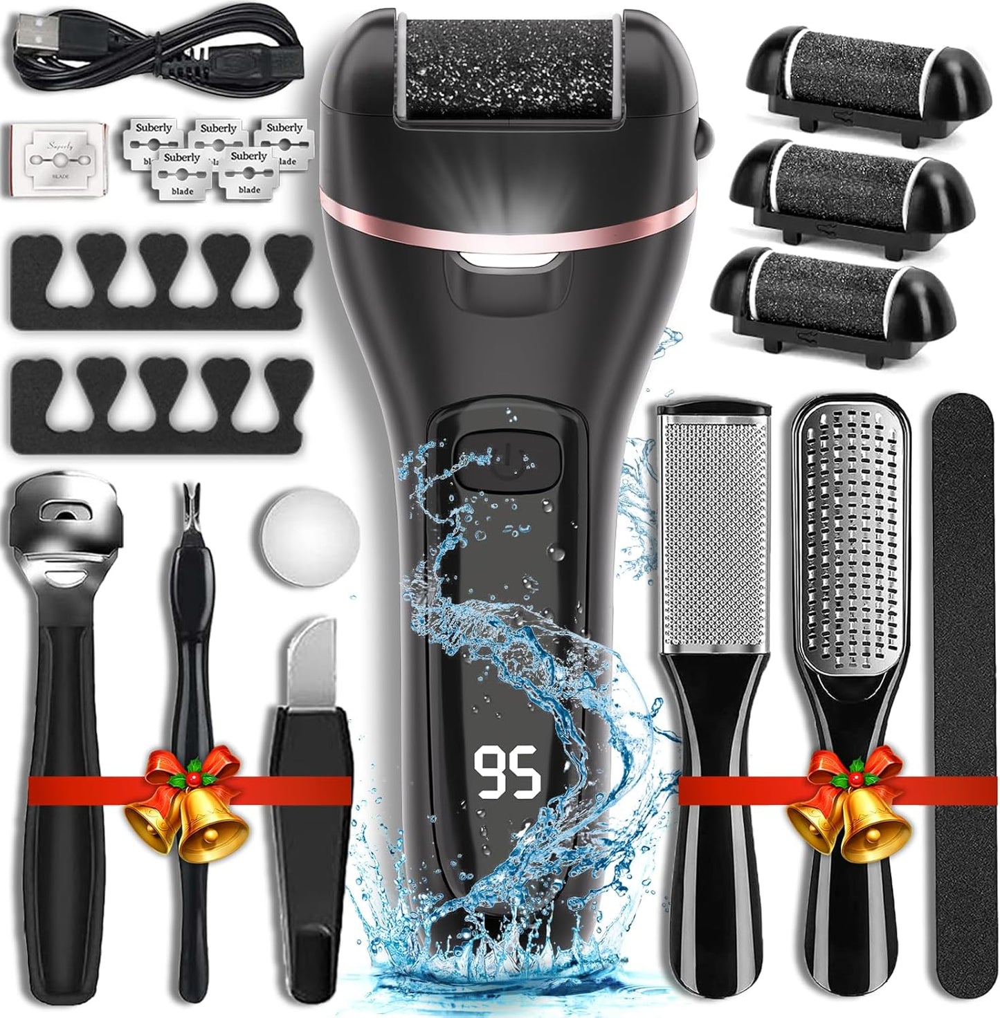 Wea&Hea Electric Foot File Callus Remover for Feet, 17-in-1 Kit | 17-in-1 pedicure kit, 3 roller heads, 2 speeds, rechargeable, IPX6 waterproof wet dry use for hard calluses and cracked heels