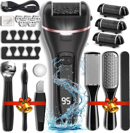 Wea&Hea Electric Foot File Callus Remover for Feet, 17-in-1 Kit | 17-in-1 pedicure kit, 3 roller heads, 2 speeds, rechargeable, IPX6 waterproof wet dry use for hard calluses and cracked heels