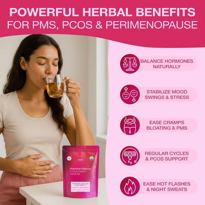 Organic Hormone Balance Tea for Women – Raspberry Leaf, Vitex & Tulsi – Herbal Hormone Balance Tea for PMS, PCOS, Perimenopause, Mood & Cycle Support – Caffeine-Free, USDA Organic