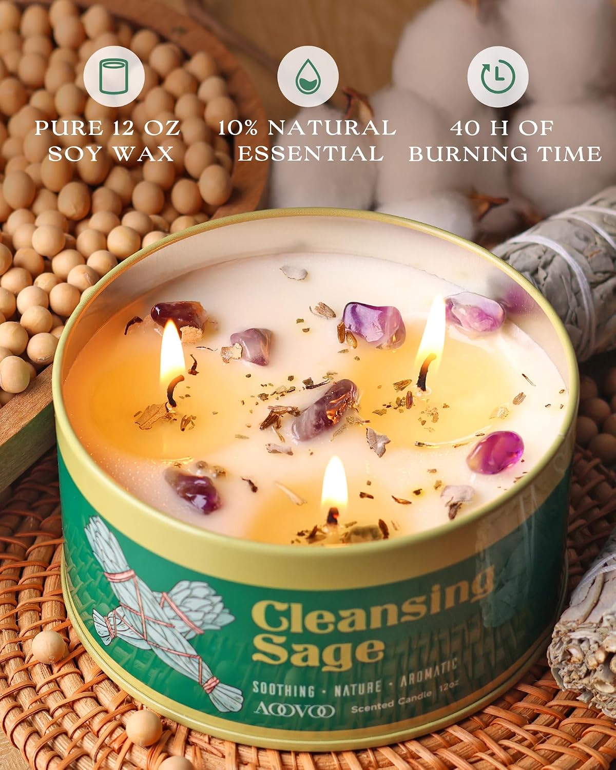AOOVOO Sage Candle for Cleansing - 3 Wick 12oz Large Scented Candle with Crystals & Sage Leaves Inside, Soy Candles Non Toxic for Meditation Spiritual Gift, Aromatherapy Candle for Women Men