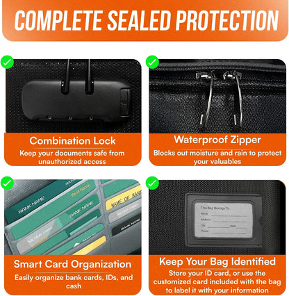 Premium Fireproof Document Bag With Lock Money Safe Bags Waterproof Zipper 6200 °F Fire Resistant Lockable Pouch Water Proof Small Portable Firesafe Organizer For Cash Phone Tablet USB Jewelry