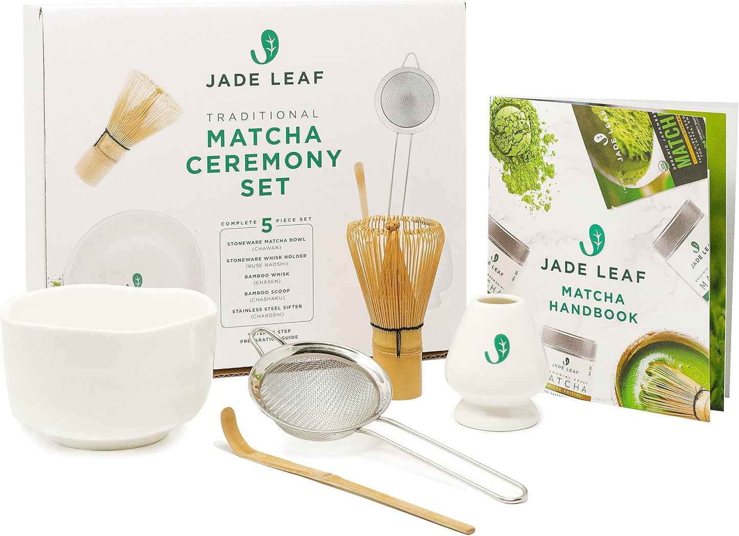 Jade Leaf Matcha - Traditional Starter Set - Japanese Matcha Gift Set Includes: Bamboo Whisk (Chasen), Scoop (Chashaku), Stainless Steel Sifter, Fully Printed Handbook