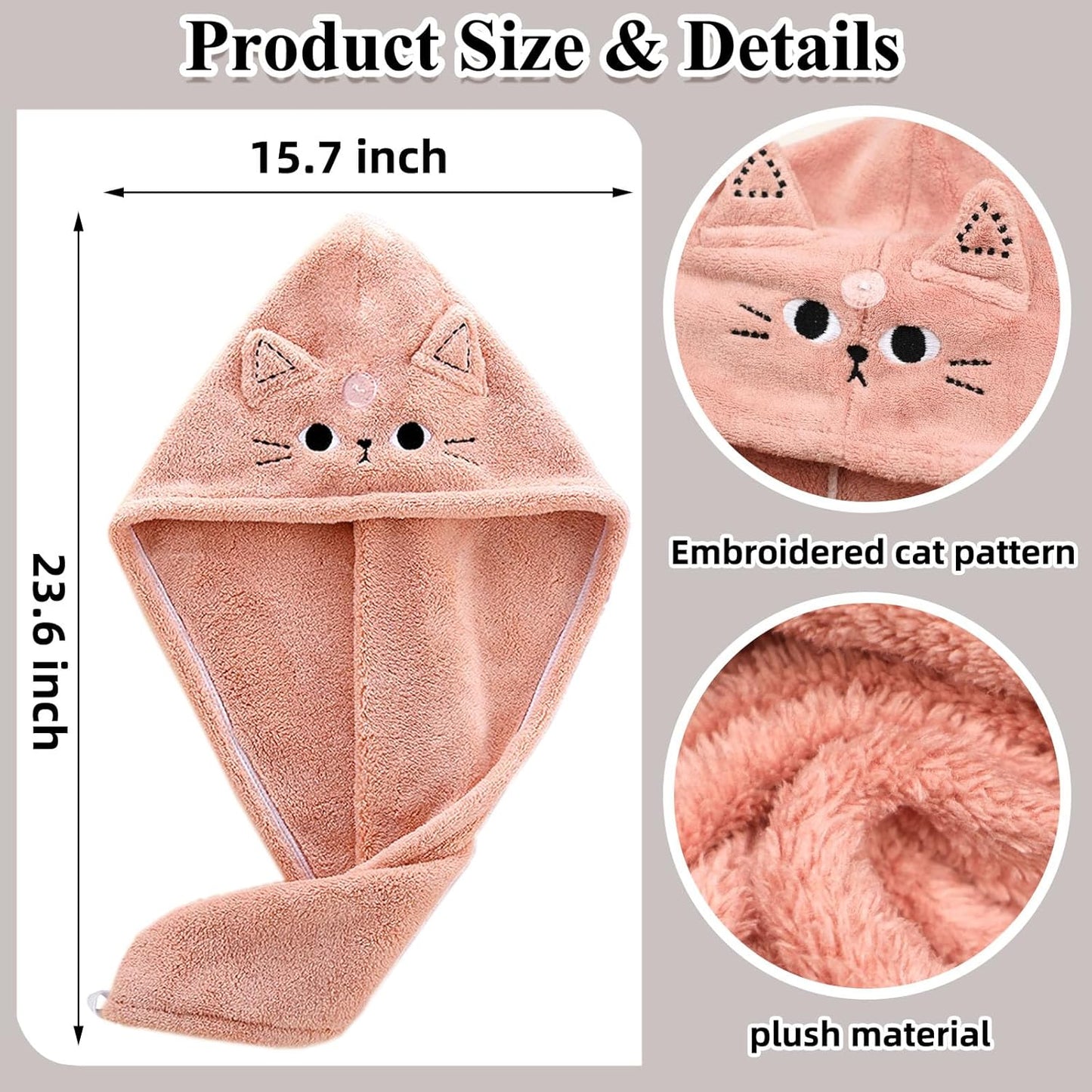2Pack Microfiber Hair Towel Wrap for Kids, Cute Cat Absorbent Hair Drying Turbans Head Towels for Women Girls (Pink and Gray cat)