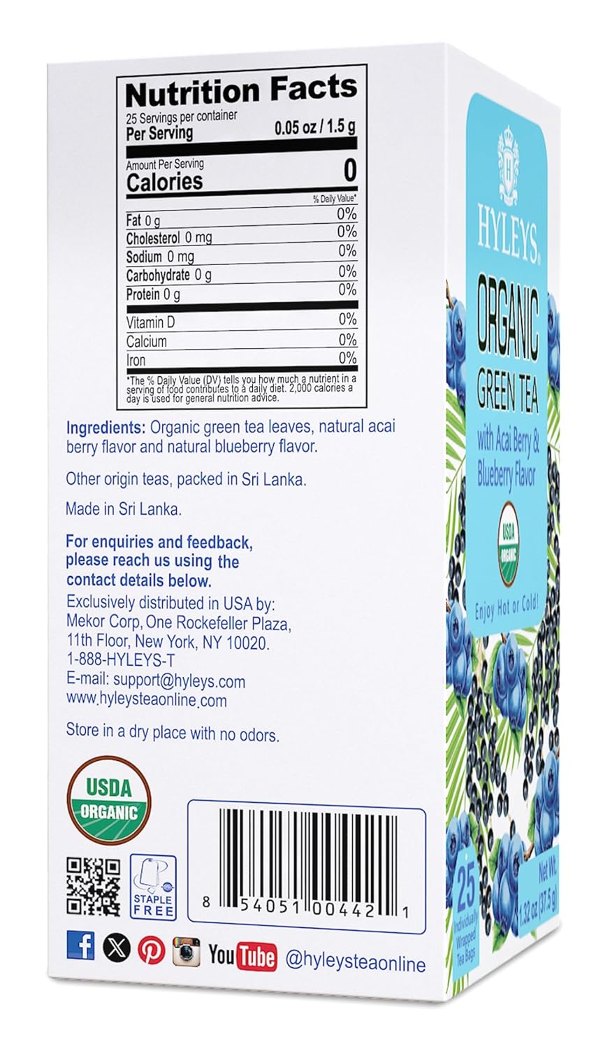 Hyleys Organic Green Tea, Acai & Blueberry Flavor, Natural, 25 Tea Bags