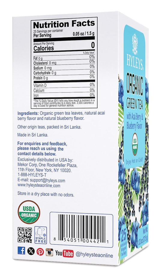 Hyleys Organic Green Tea, Acai & Blueberry Flavor, Natural, 25 Tea Bags
