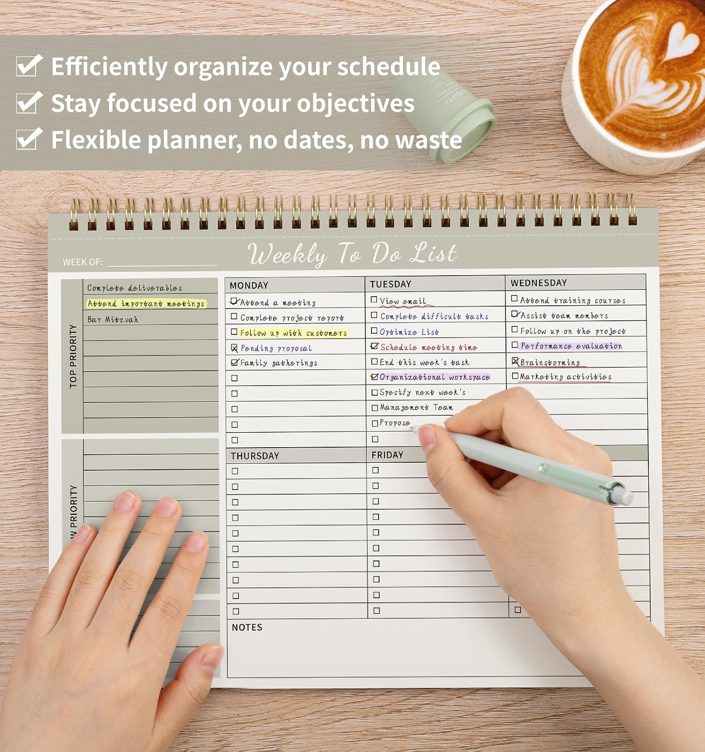 104 Pgs Weekly To Do List Notepad, 52 Duplex-Printed Undated Sheets 100 GSM（8.5"×11") Weekly Desk Planner For Work Home School Office Desk Accessories Supplies & Goal Setting Tasks - Green