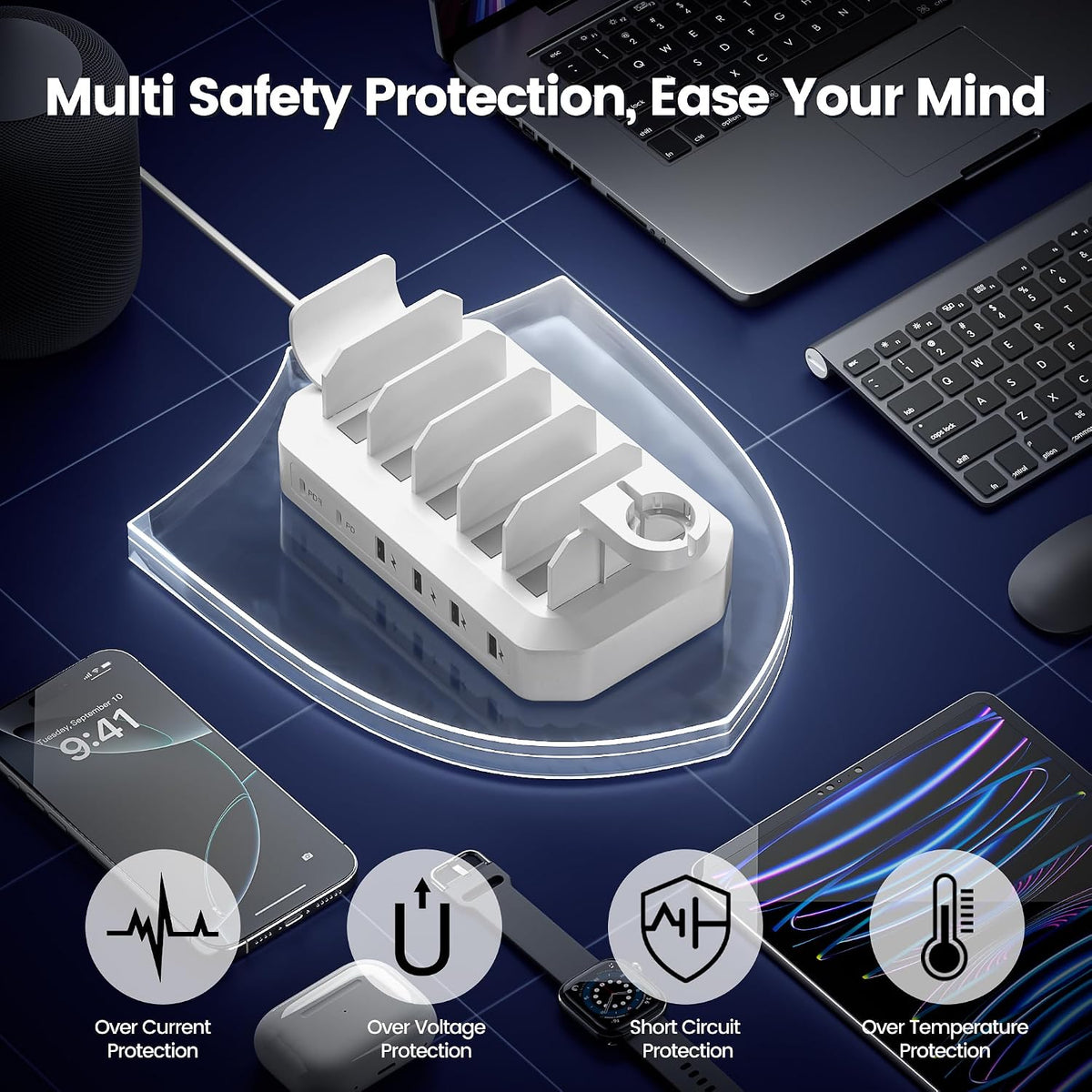 95W USB Charging Station for Multiple Devices 6-Port Charger Organizer Dock