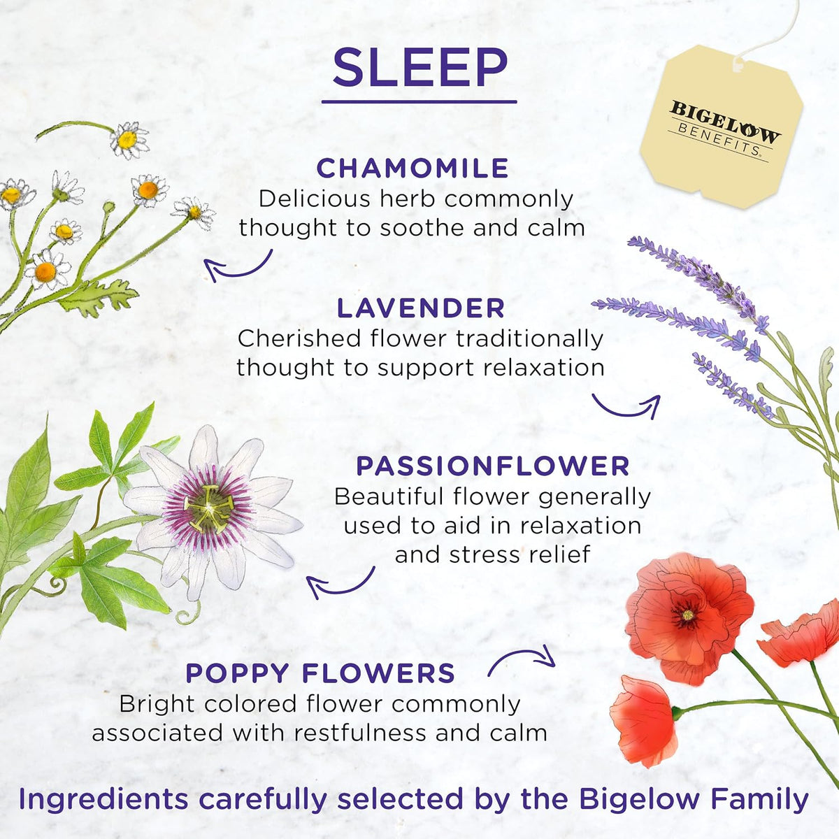 Bigelow Tea Benefits Sleep Chamomile Lavender Herbal Tea, 18 Count