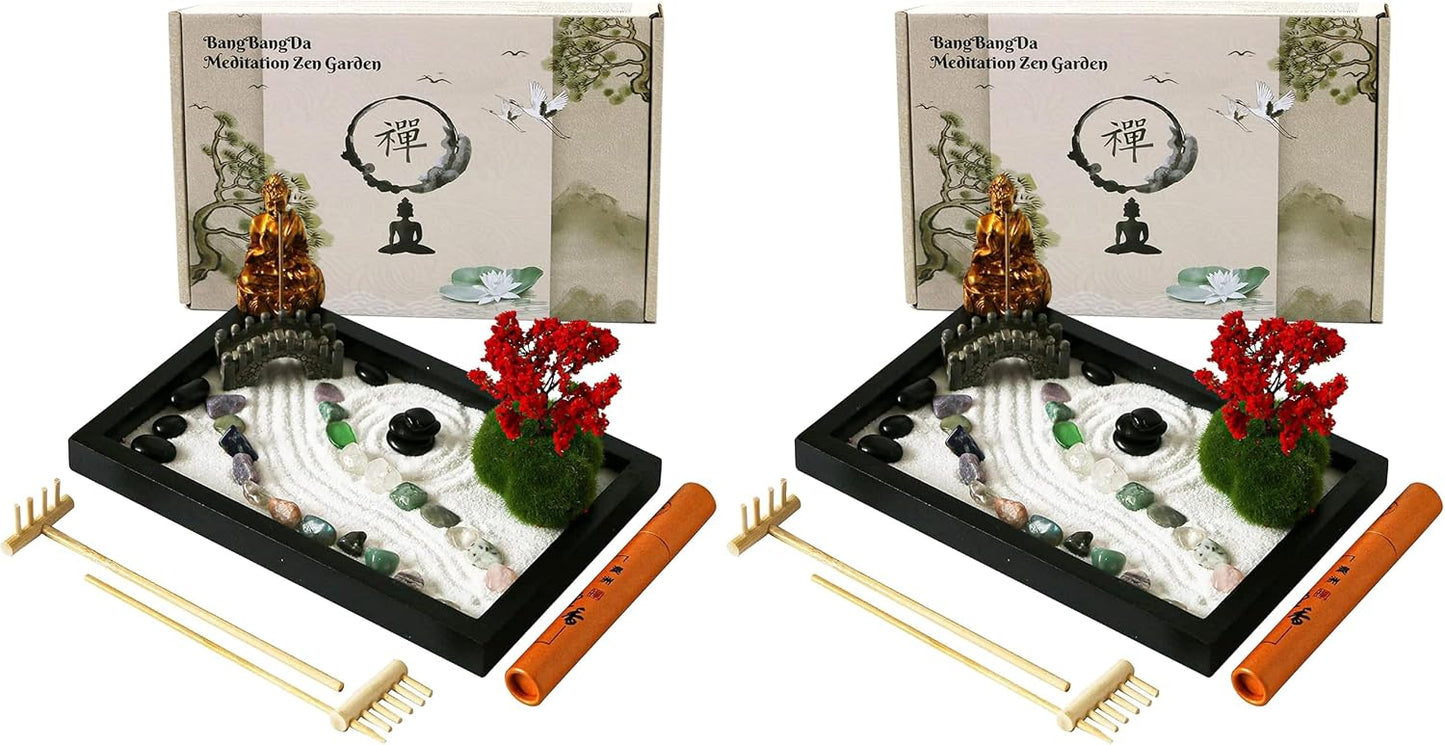 Mini Meditation Zen Garden Kit - Japanese Tabletop Rock Sand Chakra Buddha Garden Home Office Desk Decor Gifts for Father Mother Birthday - Sandbox w/Rake Tool Accessories
