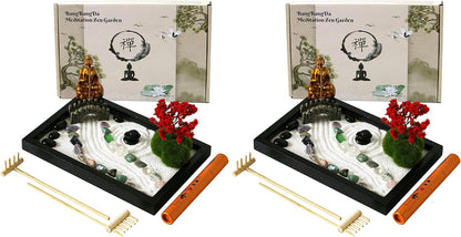 Mini Meditation Zen Garden Kit - Japanese Tabletop Rock Sand Chakra Buddha Garden Home Office Desk Decor Gifts for Father Mother Birthday - Sandbox w/Rake Tool Accessories