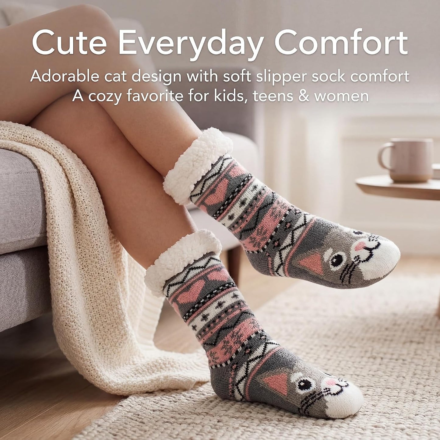 cosyone1997 Fuzzy Slipper Socks for Women Kids with Grips, Cute Animal Sherpa Lined Non-Slip Cozy Winter Socks Gifts