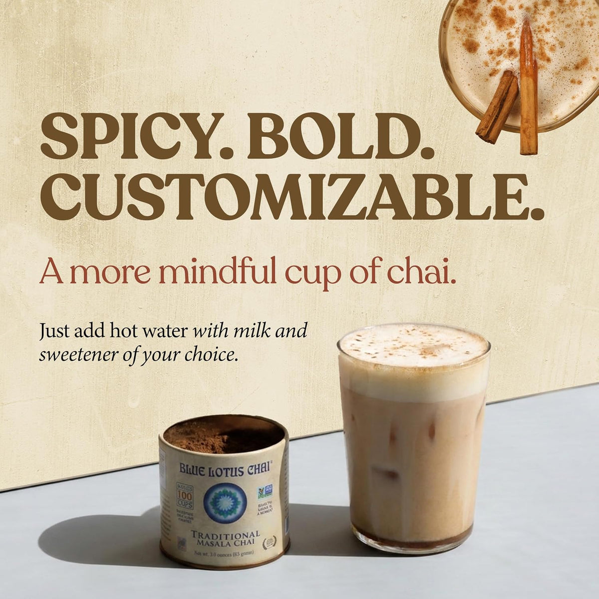 Blue Lotus Chai - Traditional Masala Chai - Makes 100 Cups - 3 Ounce Masala Spiced Chai Powder with Organic Spices - Instant Indian Tea No Steeping - No Gluten