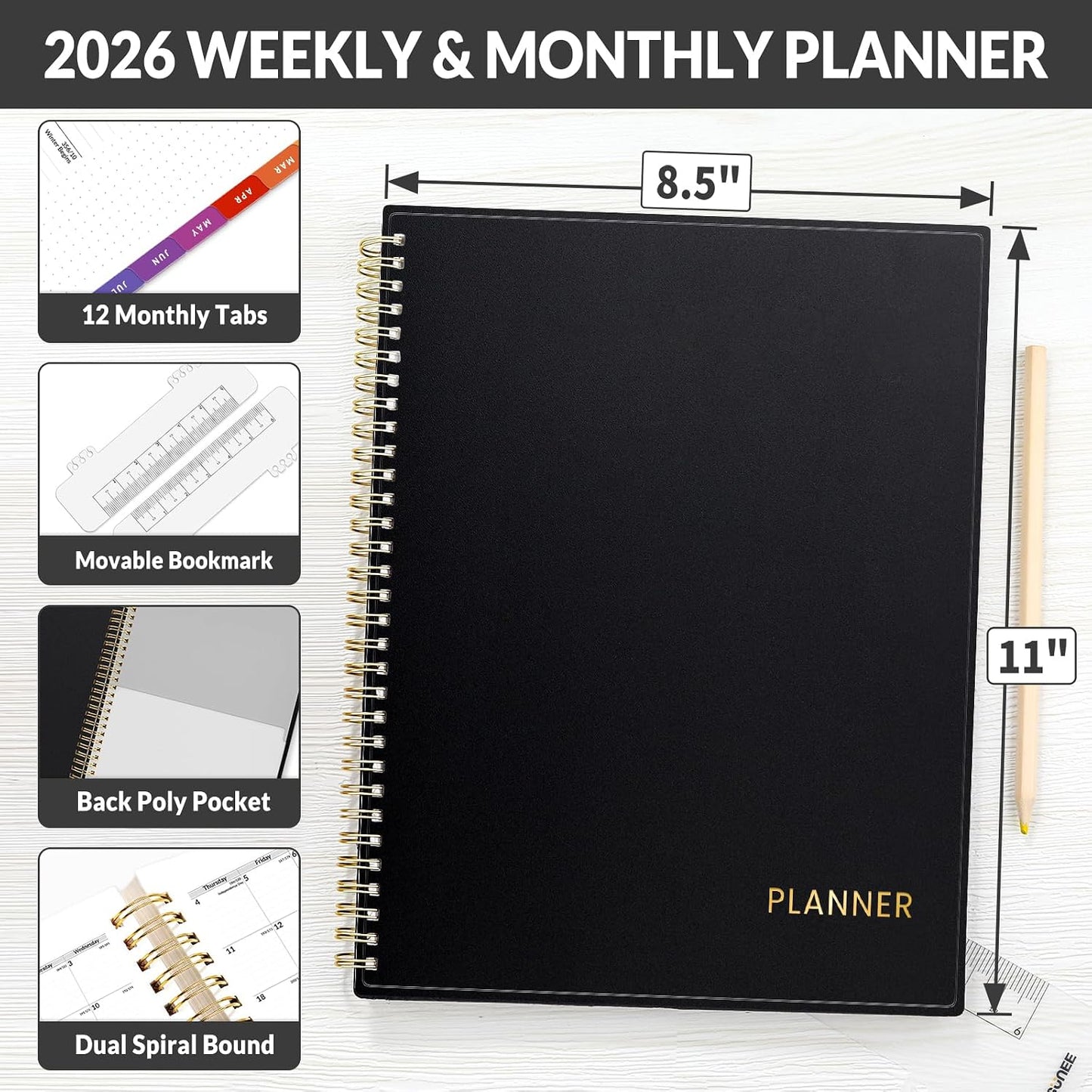 SUNEE Academic Planner 2026-2027 – Weekly & Monthly Planner, July 2026 to June 2027, 6.4"x8.3", Thick Paper, Tabs, Pockets, Bookmark, Spiral-Bound, Student Teacher Organizer, Black
