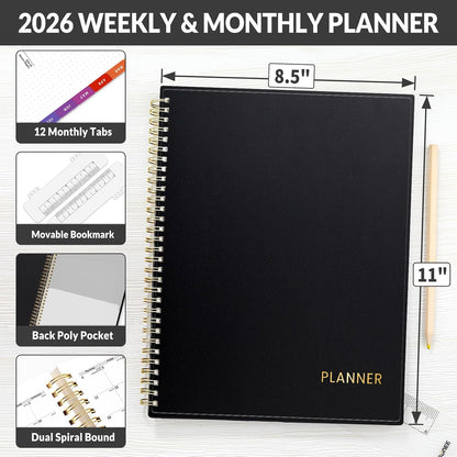 SUNEE Academic Planner 2026-2027 – Weekly & Monthly Planner, July 2026 to June 2027, 6.4"x8.3", Thick Paper, Tabs, Pockets, Bookmark, Spiral-Bound, Student Teacher Organizer, Black