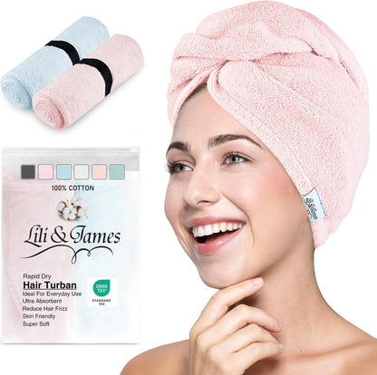 Lili&James 100% Cotton Hair Towel Wrap for Women & Kids – 420 GSM Quick Dry Hair Turban with Double Button Loop, Anti Frizz Non Microfiber Hair Drying Towel for Curly, Long & Thick Hair (Lilac)