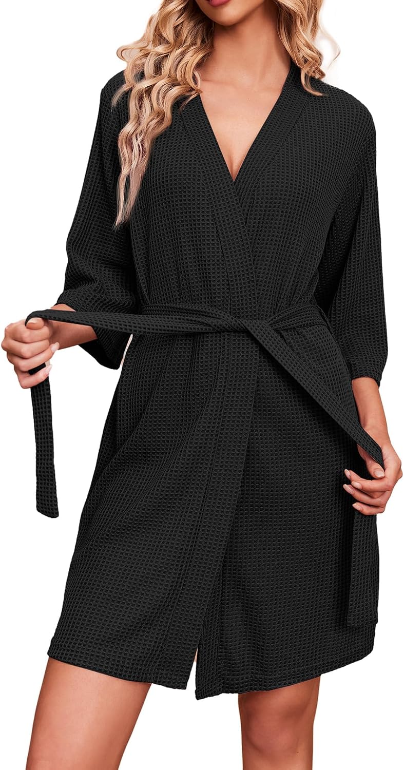 Ekouaer Robes for Women Waffle Knit Bathrobe Soft Lightweight Knee Length Loungewear S-XXL