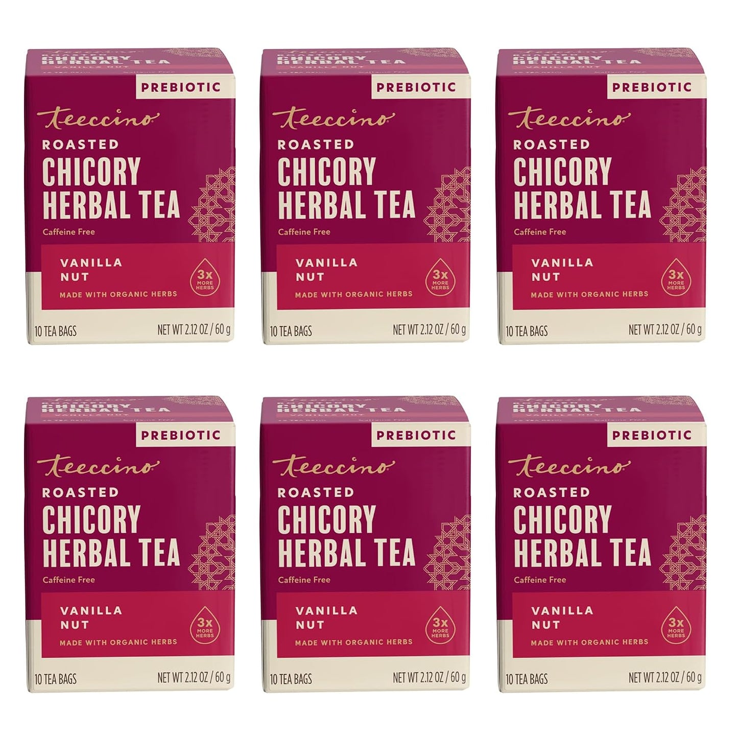 Teeccino Holiday Herbal Tea Sampler Assortment - Candy Cane, Gingerbread, Snickerdoodle - Caffeine-Free Holiday Dessert Teas with Prebiotic Chicory, 12 Tea Bags