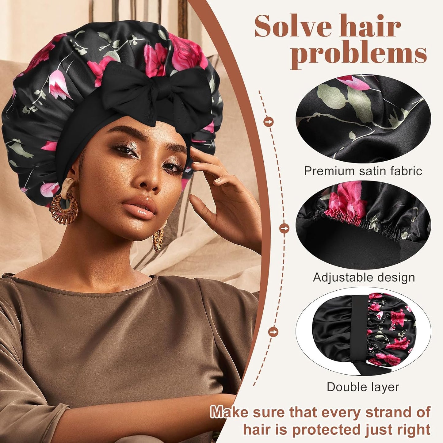 Satin Bonnet for Sleeping Cap Double Layer Hair Bonnet with Elastic Tie Band for Curly Hair Night Cap (Bean Paste + Pink)