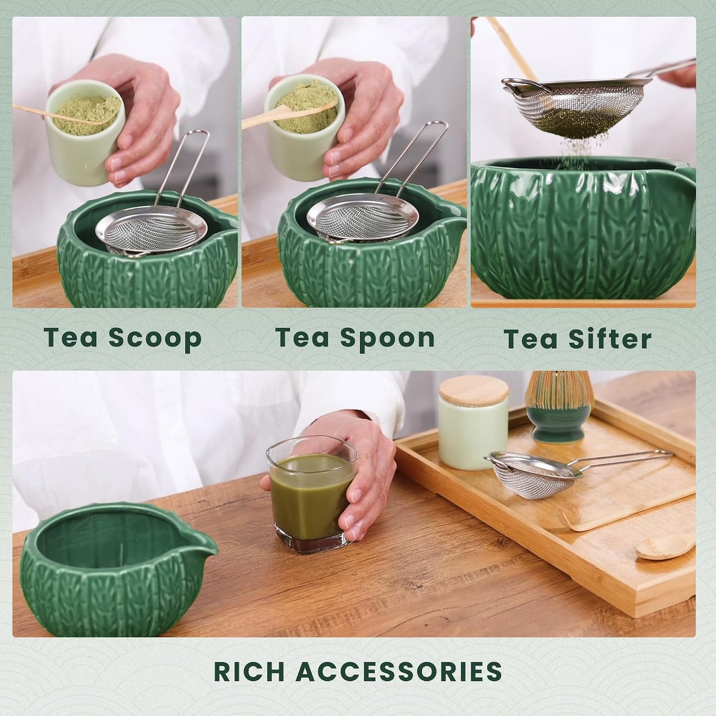 Matcha Whisk Set, Ceramic Matcha Set Includes Matcha Bowl, Matcha Whisk (Chasen) and Holder, Sifter, Bamboo Scoop & Spoon - 6 Pcs Matcha Kit for Matcha Lovers White