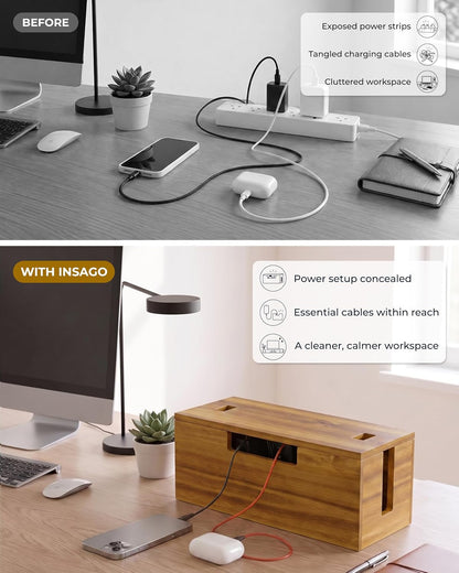 INSAGO Large Acacia Wood Cable Management Box, Power Strip Cord Organizer