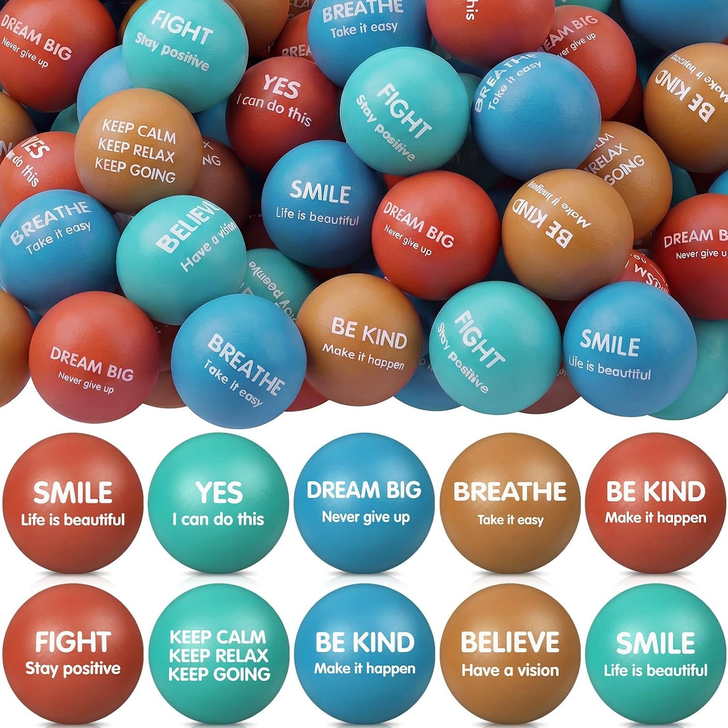 Liliful 100 Pcs Motivational Stress Balls Bulk Inspirational Squeeze Balls for Adults Anxiety Relief Fidget Toys Office Employee Gifts Classroom Rewards 2.2 Inch (Bright Colors)
