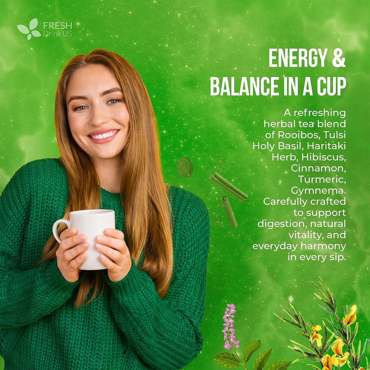 FreshDrinkUS, 30 Tea Bags Herbal Tea – Caffeine-Free Herbal Tea with Rooibos, Turmeric & Hibiscus – Loose Leaf Blend for Daily Rituals and Clean Living – Vegan, No Additives