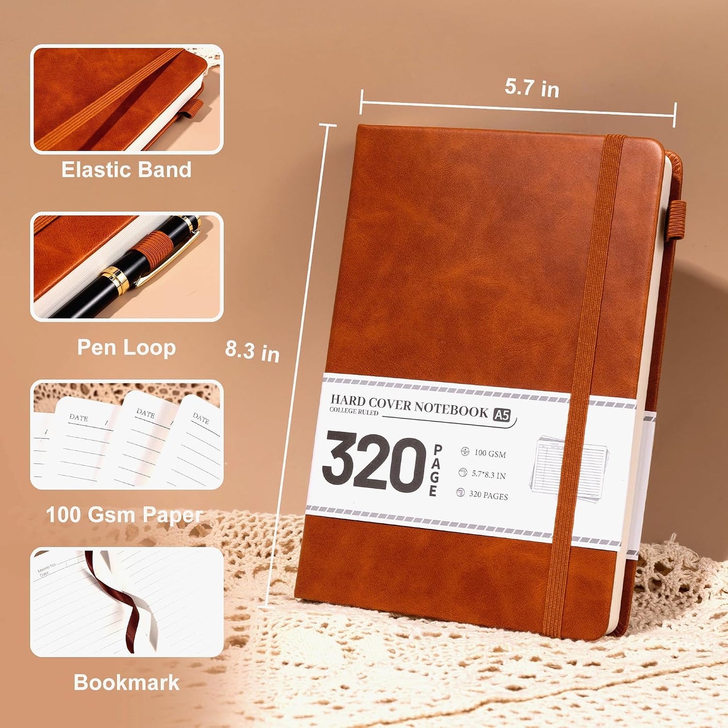 CAGIE Lined Journal Notebook for Women Men 320 Pages 100 Gsm Paper Thick Journaling Notebooks A5 Leather Journals for Writing Hardcover Journal Supplies for Work Note Taking Diary, 5.7x8.3 In, Green